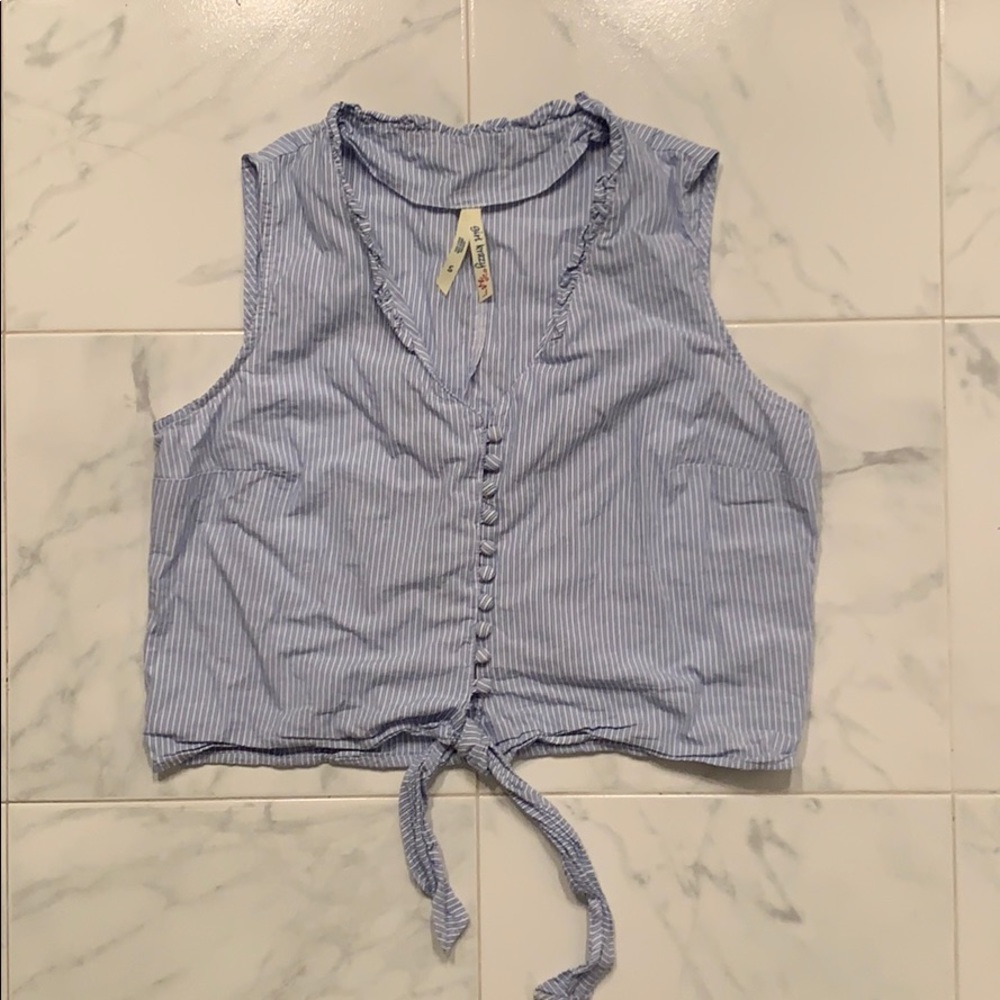 Blue and white striped front tie top